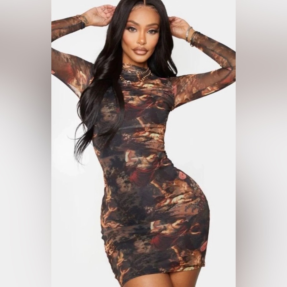 NWT PLT Renaissance Oil Painting Mesh Long-Sleeve Bodycon Dress